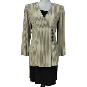 Vintage 80s D.J. Summers Women 8 Beige Black Stripe Long Sleeve Blazer Dress USA